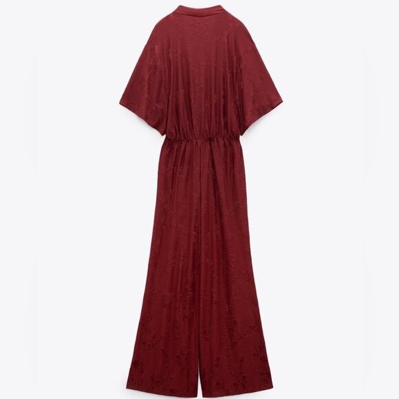 New Zara Jumpsuit Faux Wrap Neckline Red Jacquard Knit Short Sleeve Women’s M - Picture 2 of 12